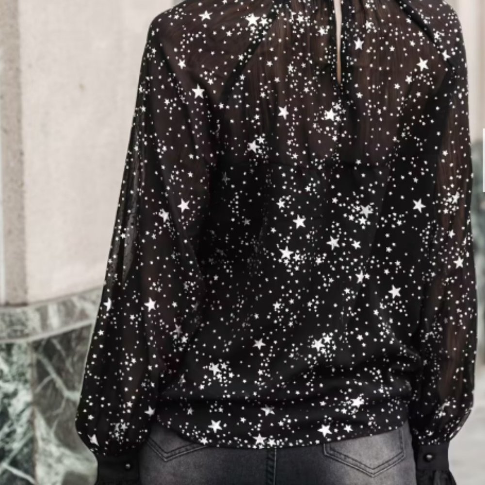 Star Print Semi-Sheer Ruffled Top - Picture 2 of 7